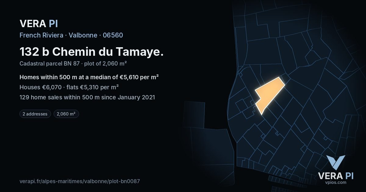 132 b Chemin du Tamaye, Valbonne at night – the plot lit, the parcels around coloured by the prices near them