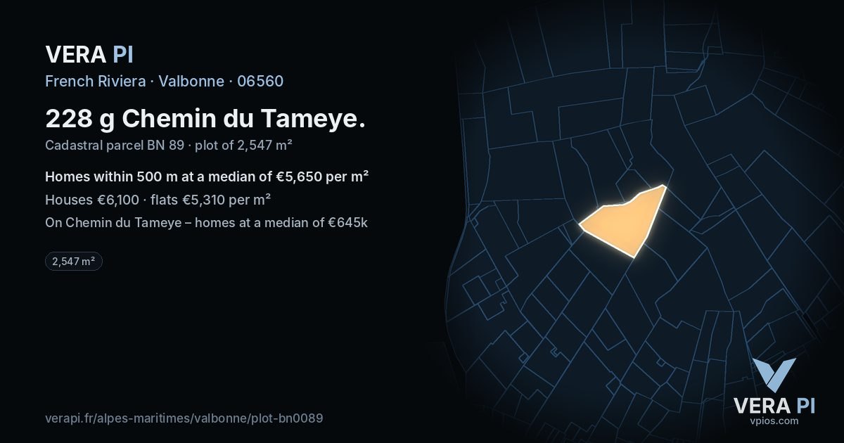 228 g Chemin du Tameye, Valbonne at night – the plot lit, the parcels around coloured by the prices near them
