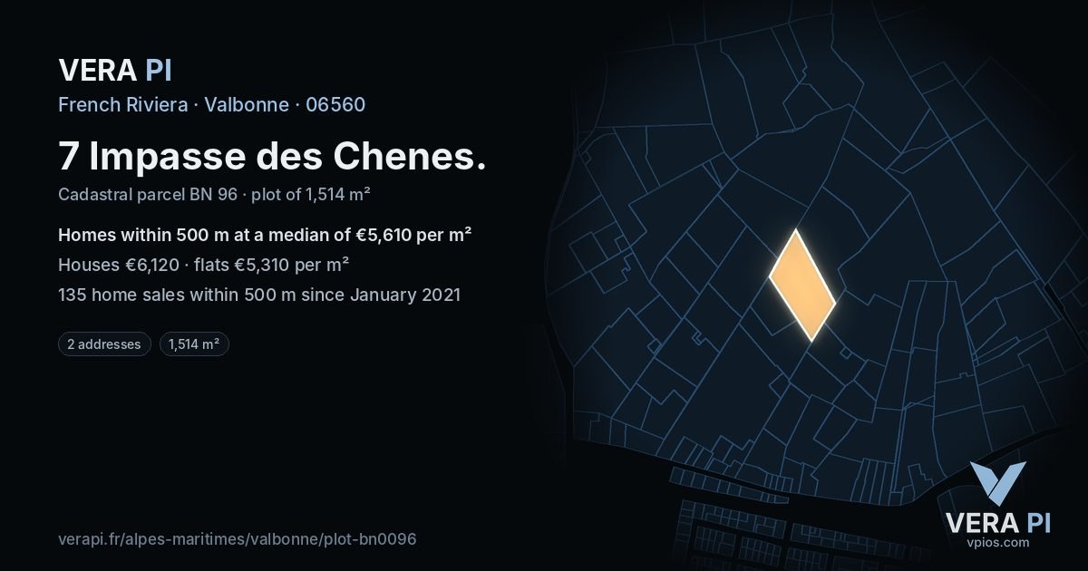 7 Impasse des Chenes, Valbonne at night – the plot lit, the parcels around coloured by the prices near them