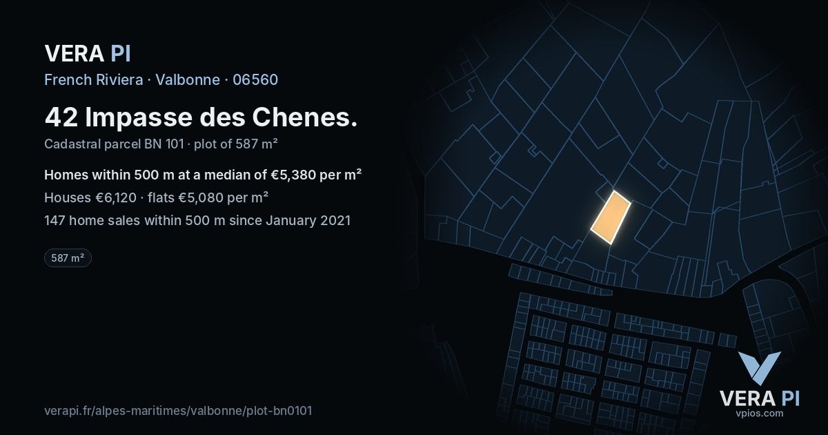 42 Impasse des Chenes, Valbonne at night – the plot lit, the parcels around coloured by the prices near them