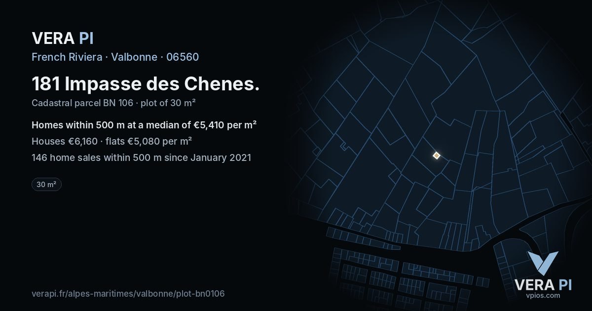 181 Impasse des Chenes, Valbonne at night – the plot lit, the parcels around coloured by the prices near them