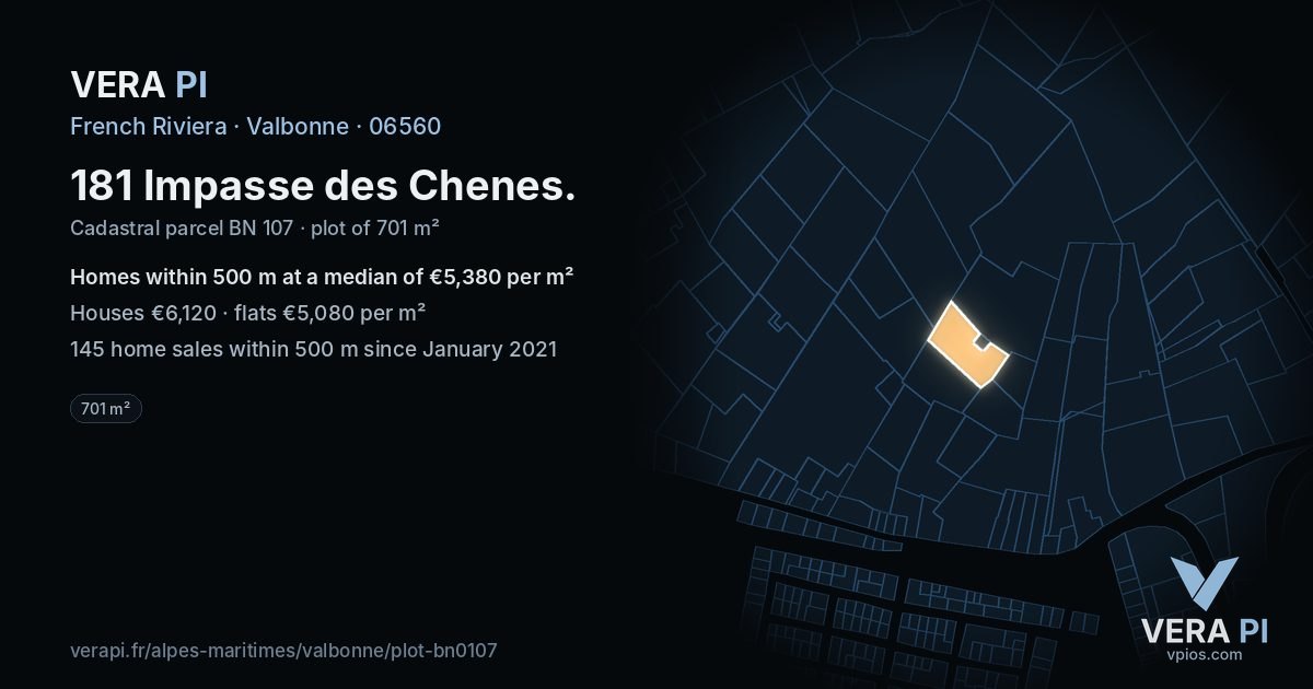 181 Impasse des Chenes, Valbonne at night – the plot lit, the parcels around coloured by the prices near them