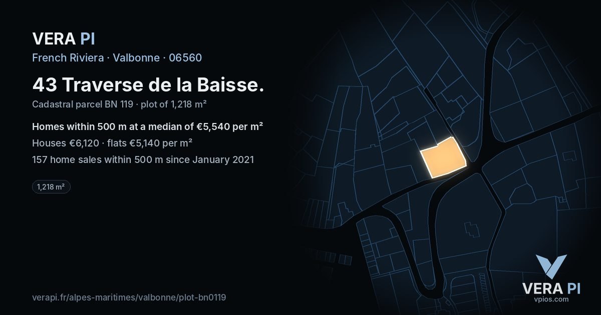 43 Traverse de la Baisse, Valbonne at night – the plot lit, the parcels around coloured by the prices near them