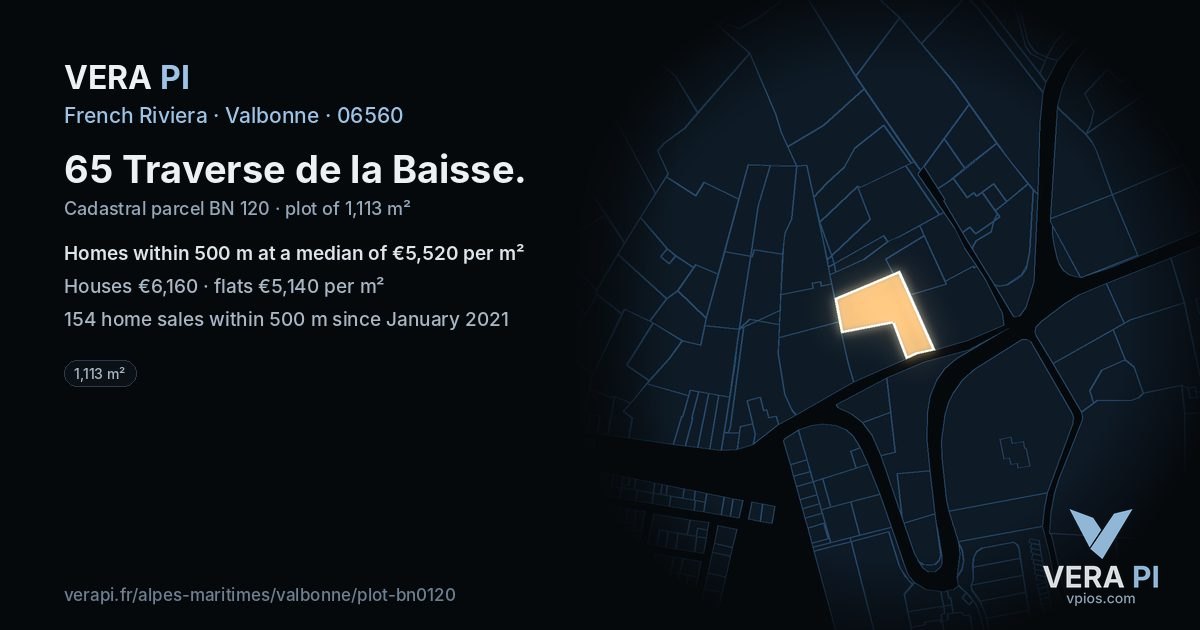 65 Traverse de la Baisse, Valbonne at night – the plot lit, the parcels around coloured by the prices near them