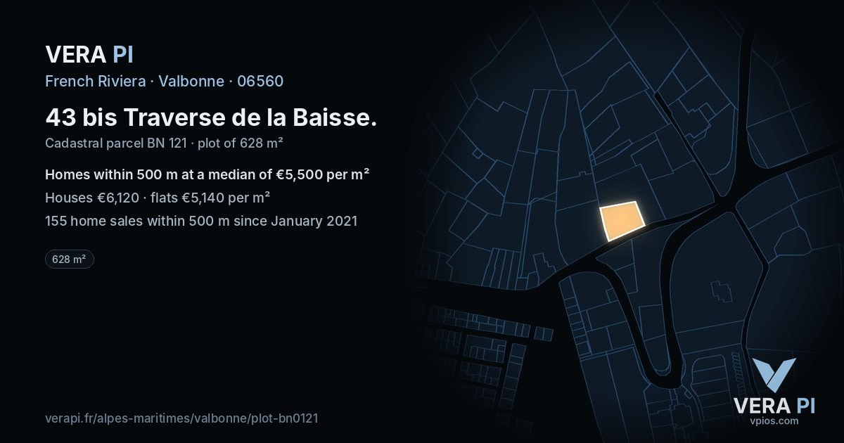 43 bis Traverse de la Baisse, Valbonne at night – the plot lit, the parcels around coloured by the prices near them