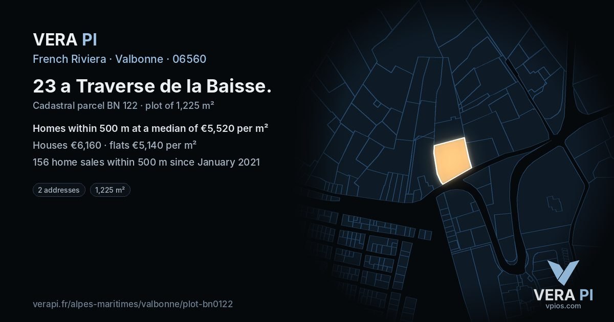 23 a Traverse de la Baisse, Valbonne at night – the plot lit, the parcels around coloured by the prices near them