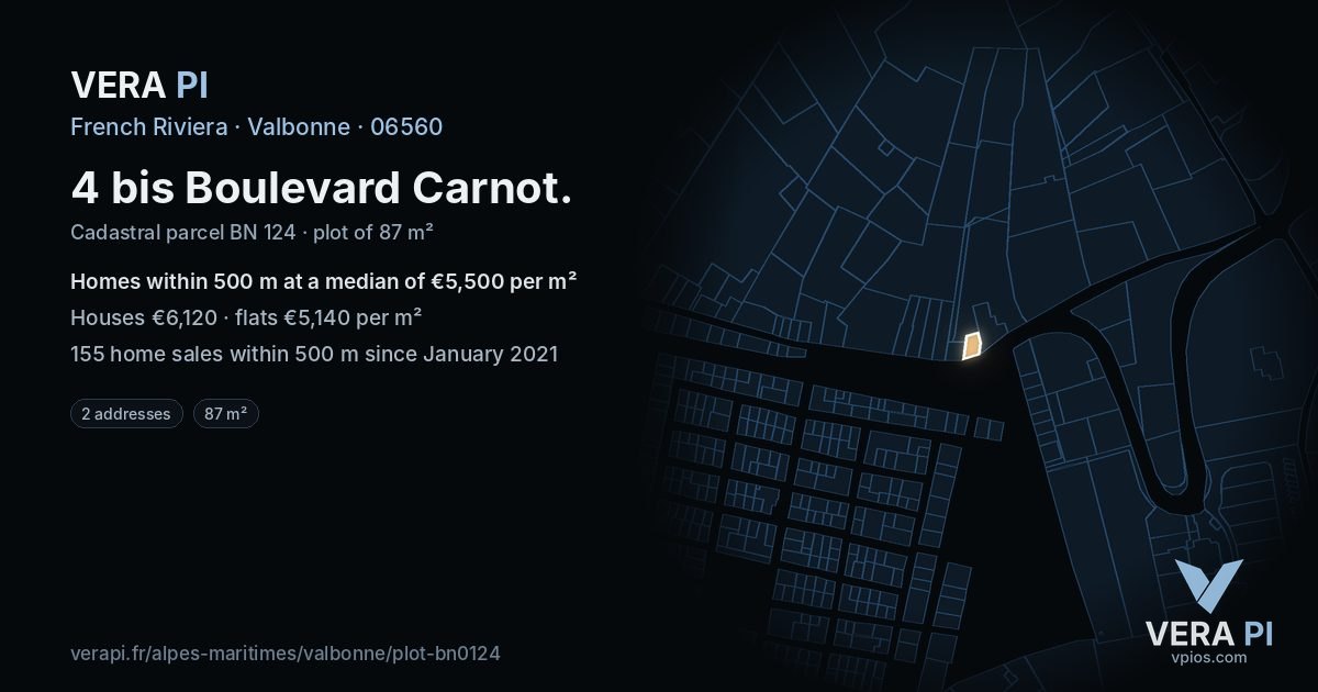 4 bis Boulevard Carnot, Valbonne at night – the plot lit, the parcels around coloured by the prices near them