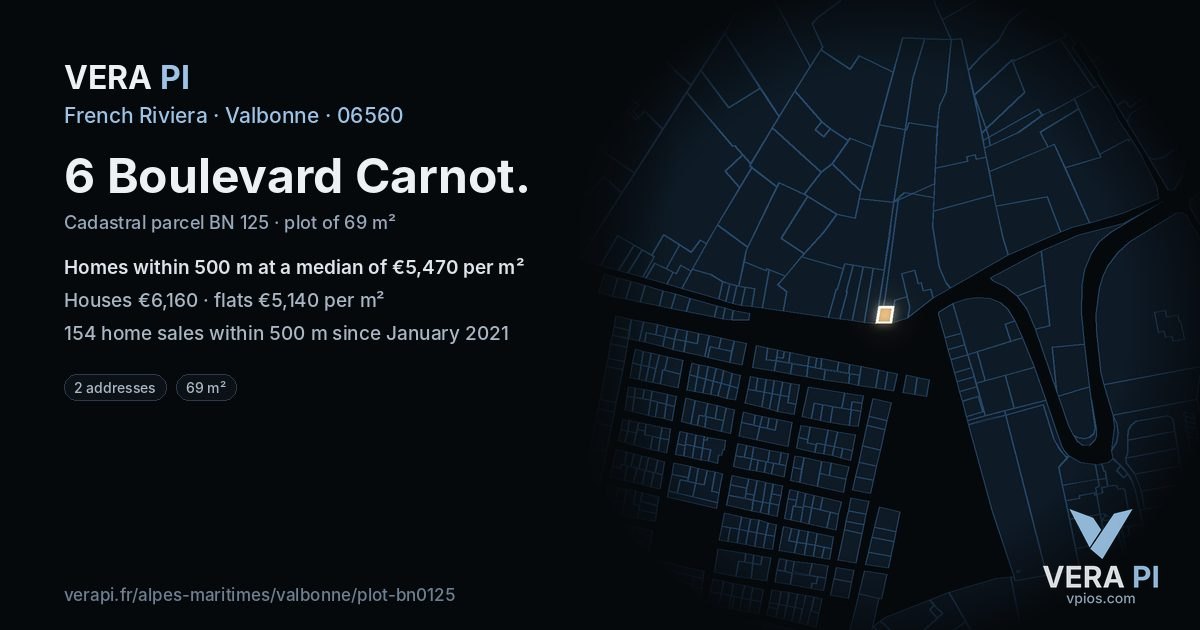 6 Boulevard Carnot, Valbonne at night – the plot lit, the parcels around coloured by the prices near them