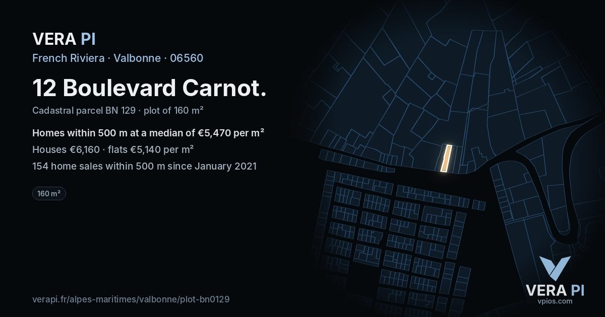 12 Boulevard Carnot, Valbonne at night – the plot lit, the parcels around coloured by the prices near them