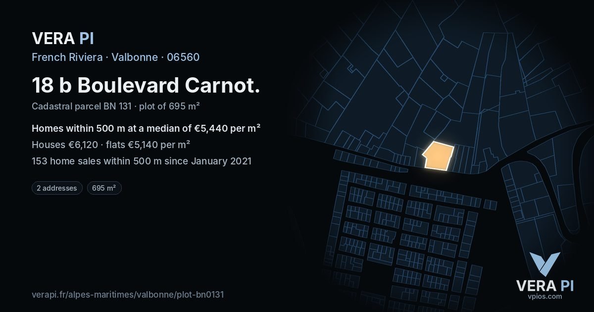 18 b Boulevard Carnot, Valbonne at night – the plot lit, the parcels around coloured by the prices near them