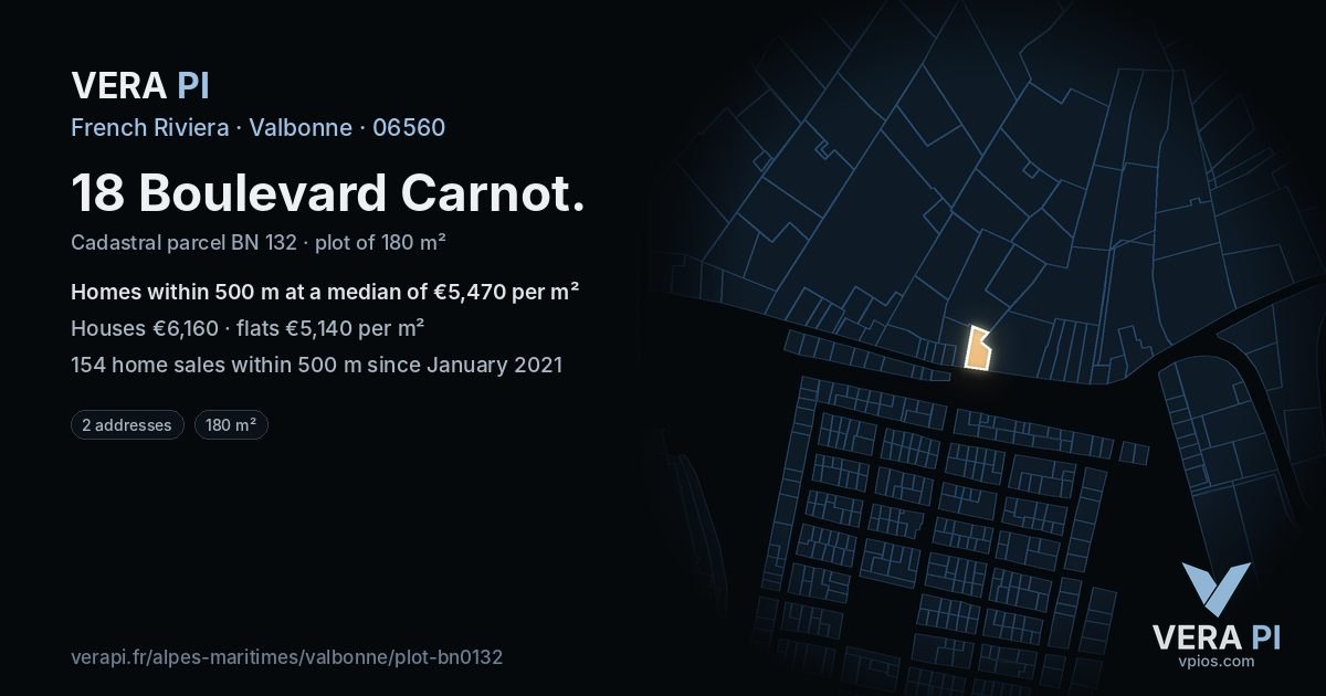 18 Boulevard Carnot, Valbonne at night – the plot lit, the parcels around coloured by the prices near them