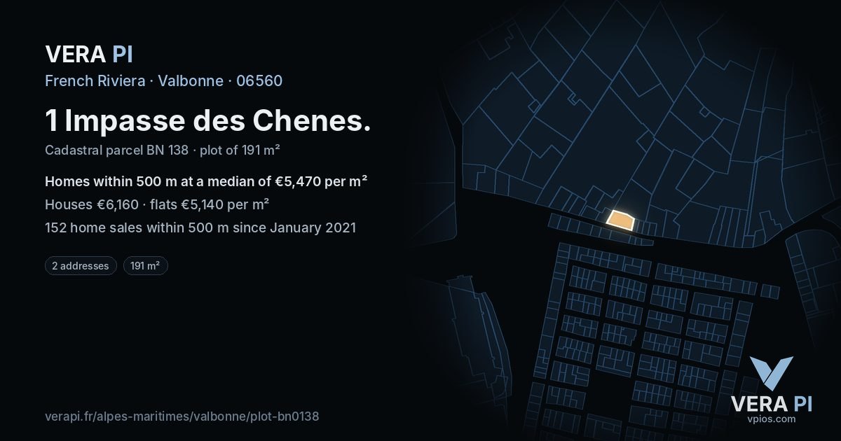 1 Impasse des Chenes, Valbonne at night – the plot lit, the parcels around coloured by the prices near them