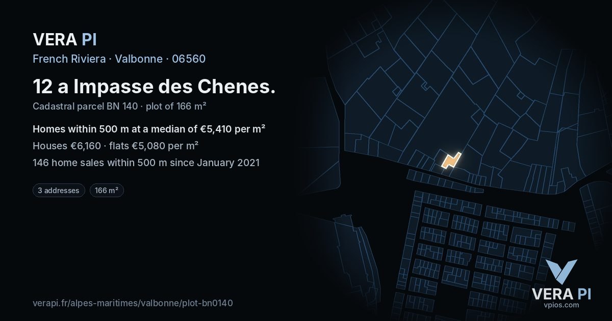 12 a Impasse des Chenes, Valbonne at night – the plot lit, the parcels around coloured by the prices near them