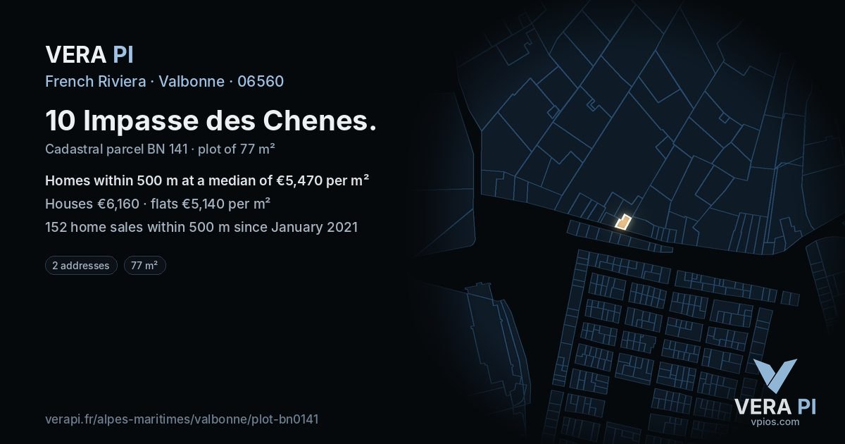 10 Impasse des Chenes, Valbonne at night – the plot lit, the parcels around coloured by the prices near them
