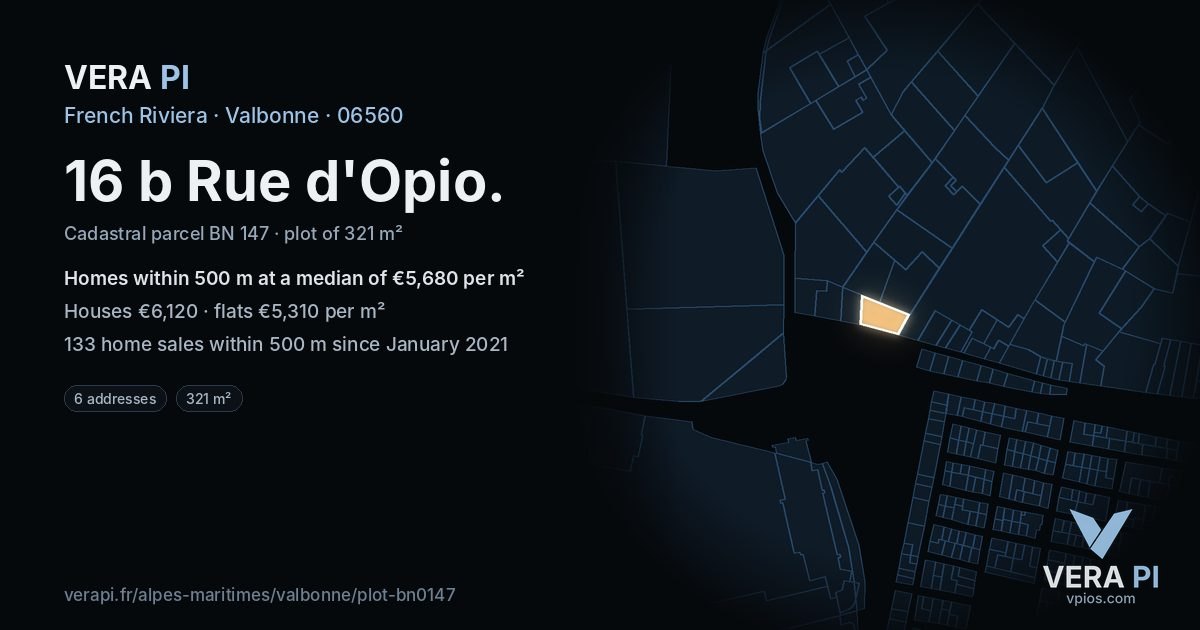 16 b Rue d'Opio, Valbonne at night – the plot lit, the parcels around coloured by the prices near them