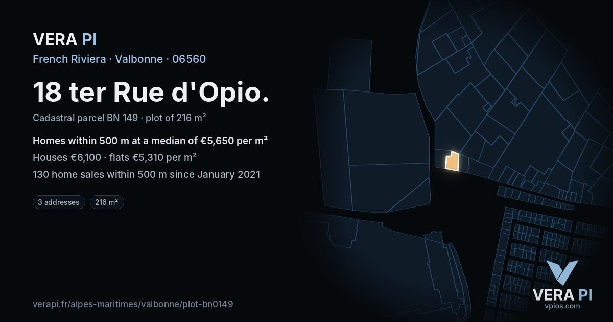 18 ter Rue d'Opio, Valbonne at night – the plot lit, the parcels around coloured by the prices near them