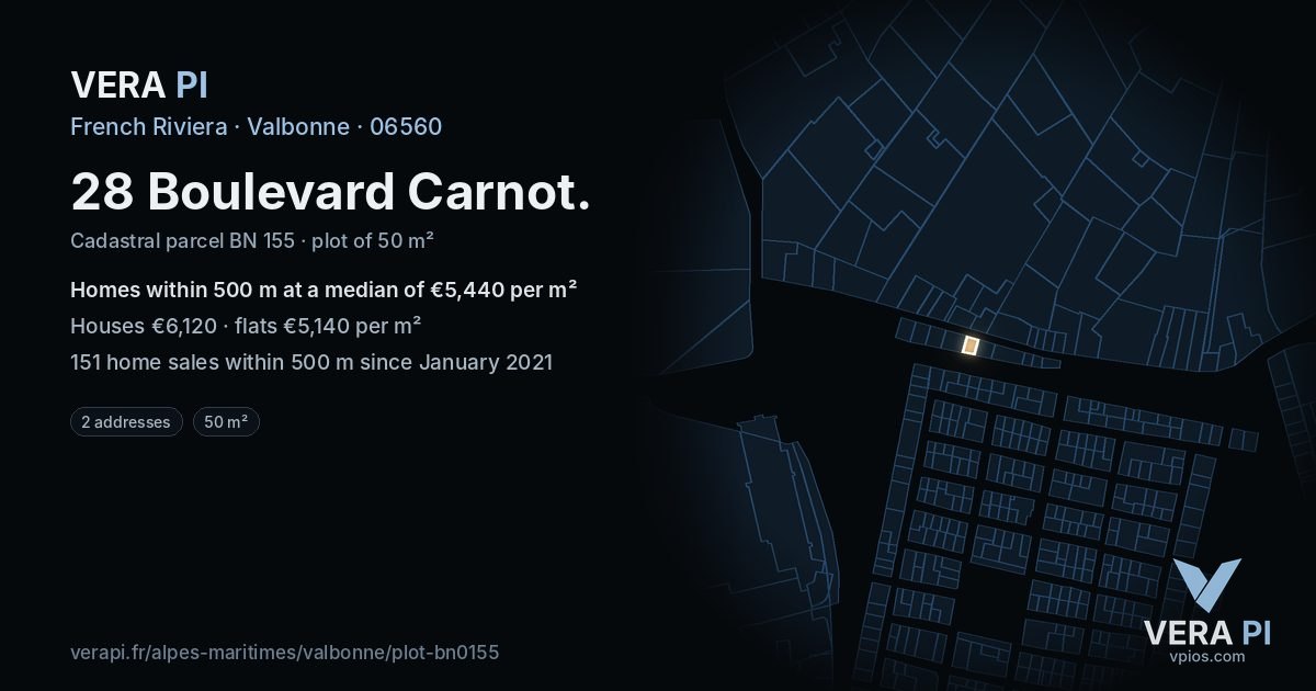 28 Boulevard Carnot, Valbonne at night – the plot lit, the parcels around coloured by the prices near them