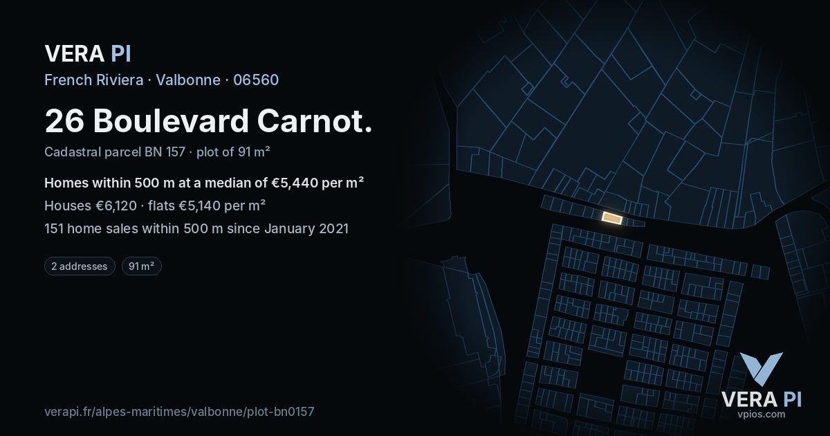 26 Boulevard Carnot, Valbonne at night – the plot lit, the parcels around coloured by the prices near them