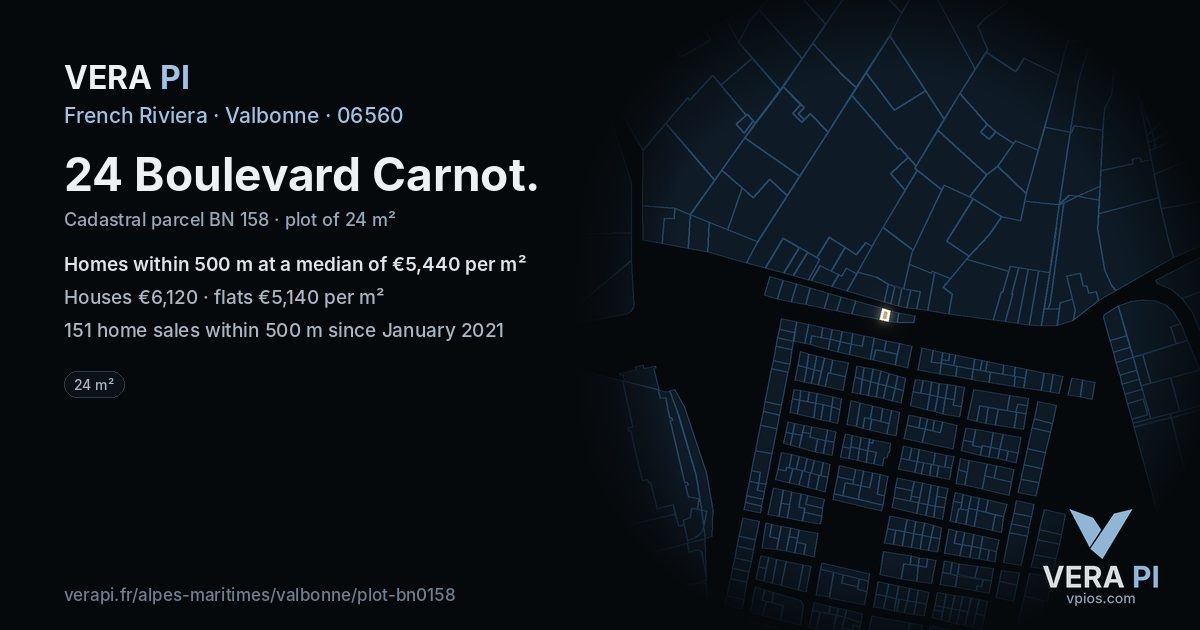 24 Boulevard Carnot, Valbonne at night – the plot lit, the parcels around coloured by the prices near them