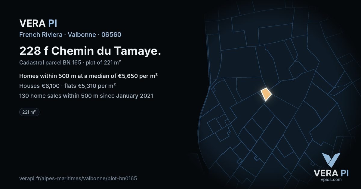 228 f Chemin du Tamaye, Valbonne at night – the plot lit, the parcels around coloured by the prices near them