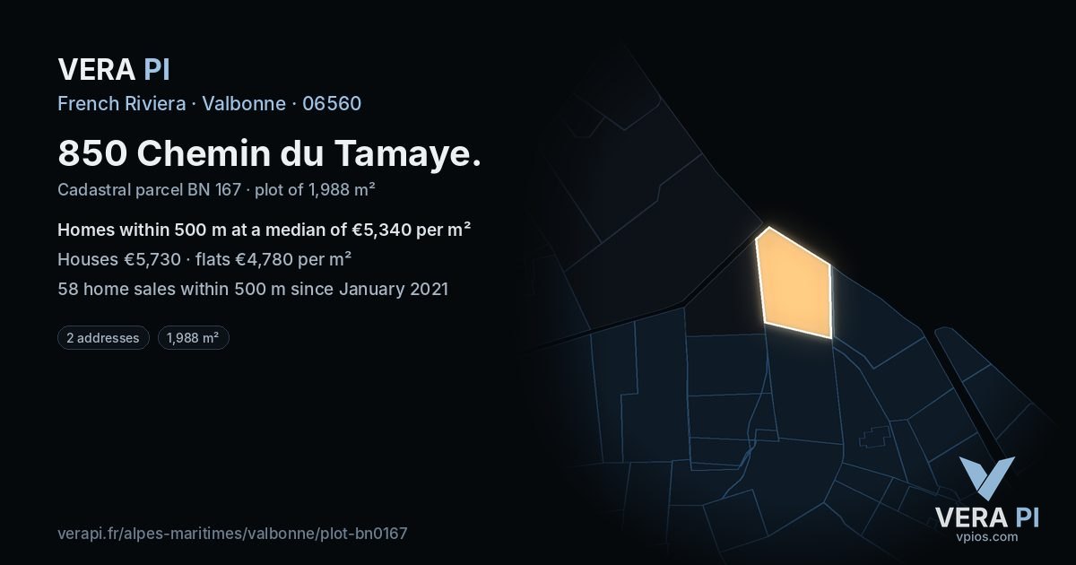 850 Chemin du Tamaye, Valbonne at night – the plot lit, the parcels around coloured by the prices near them
