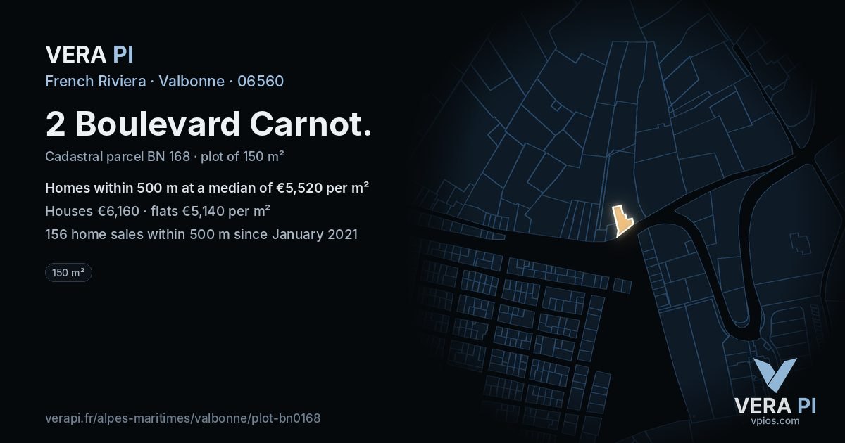 2 Boulevard Carnot, Valbonne at night – the plot lit, the parcels around coloured by the prices near them