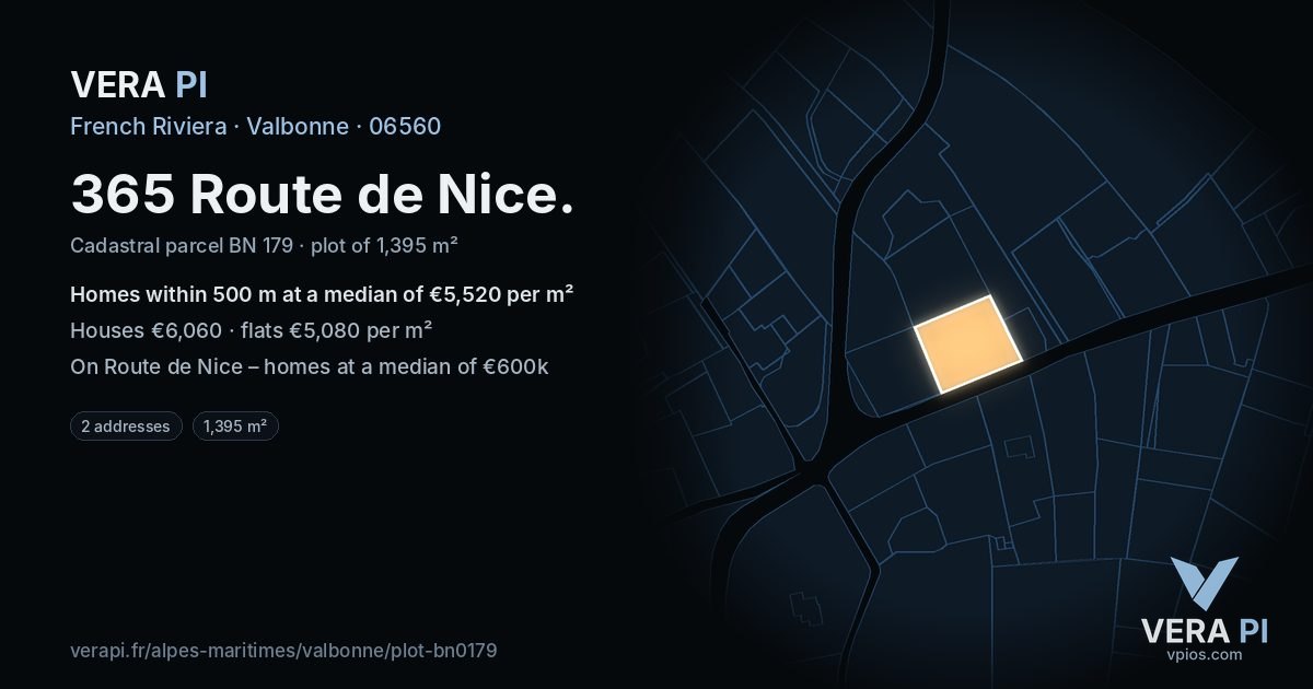 365 Route de Nice, Valbonne at night – the plot lit, the parcels around coloured by the prices near them