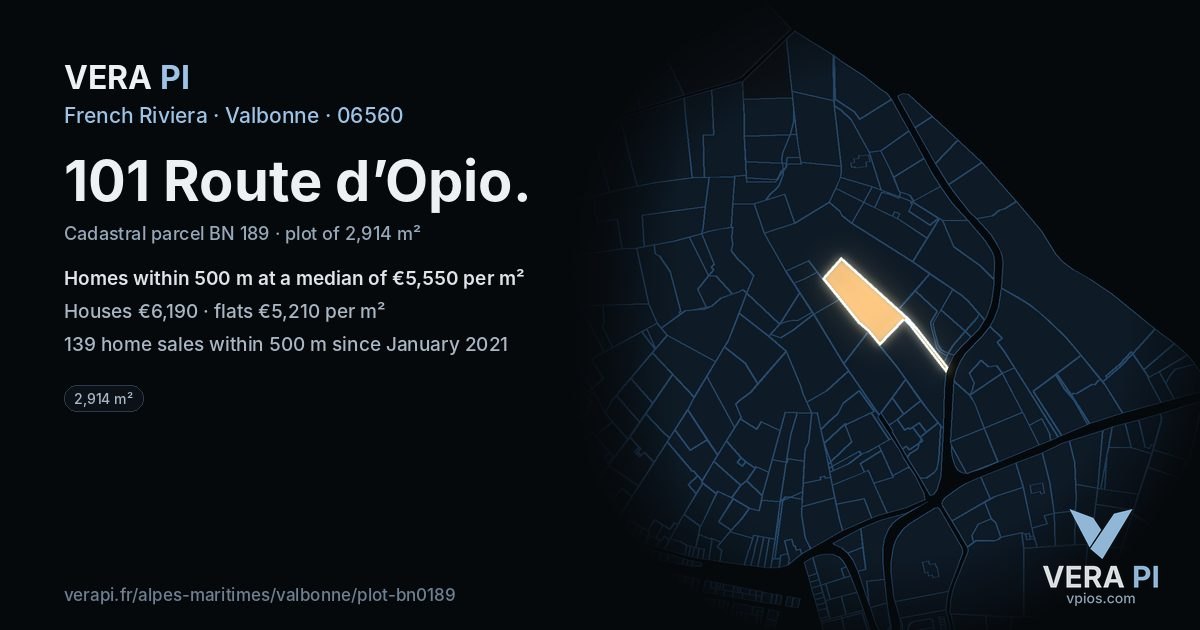 101 Route d’Opio, Valbonne at night – the plot lit, the parcels around coloured by the prices near them