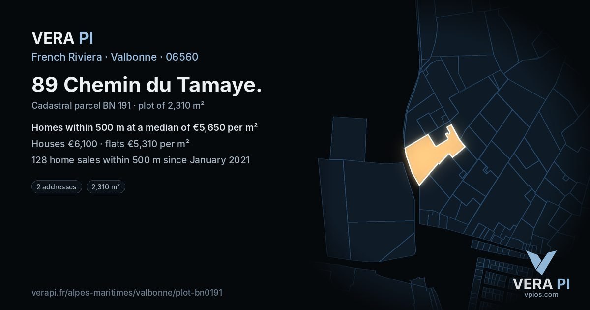 89 Chemin du Tamaye, Valbonne at night – the plot lit, the parcels around coloured by the prices near them