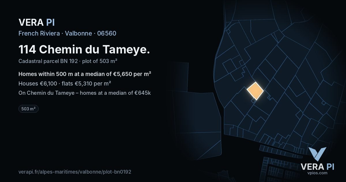 114 Chemin du Tameye, Valbonne at night – the plot lit, the parcels around coloured by the prices near them