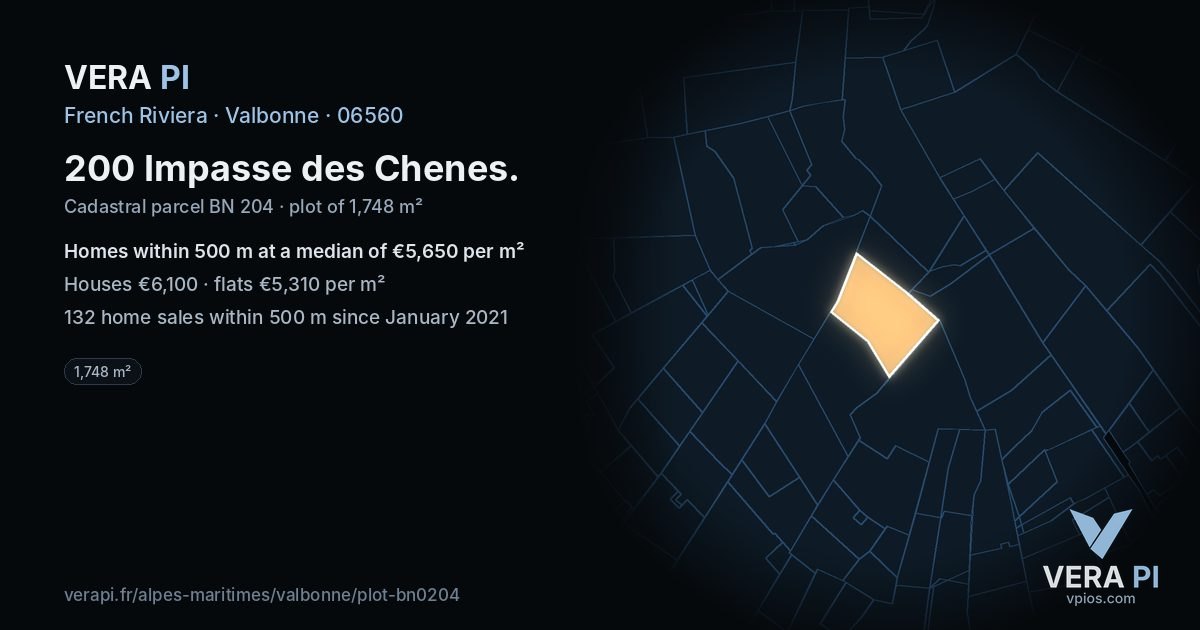 200 Impasse des Chenes, Valbonne at night – the plot lit, the parcels around coloured by the prices near them