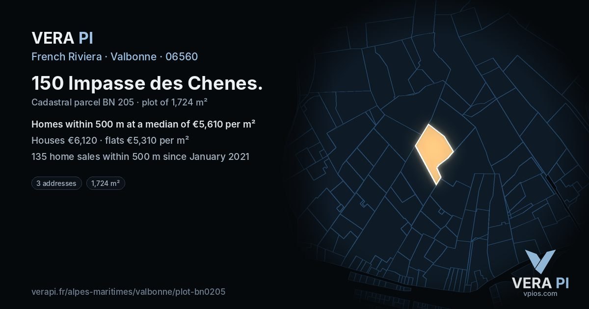 150 Impasse des Chenes, Valbonne at night – the plot lit, the parcels around coloured by the prices near them