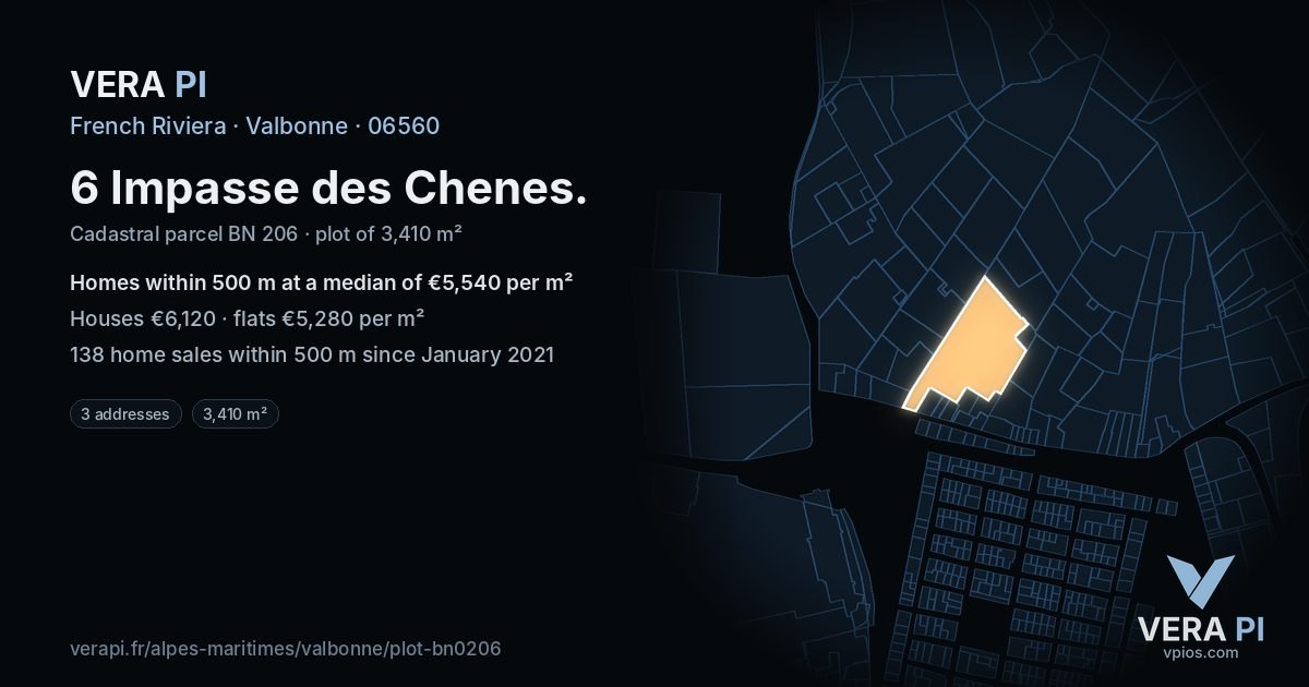 6 Impasse des Chenes, Valbonne at night – the plot lit, the parcels around coloured by the prices near them