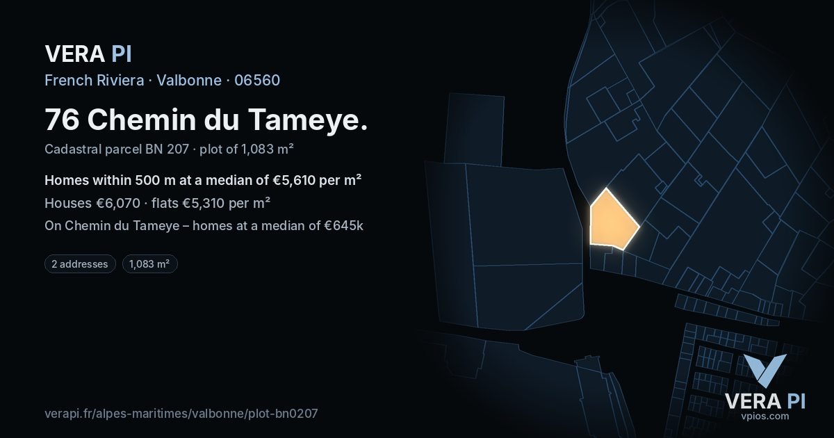 76 Chemin du Tameye, Valbonne at night – the plot lit, the parcels around coloured by the prices near them