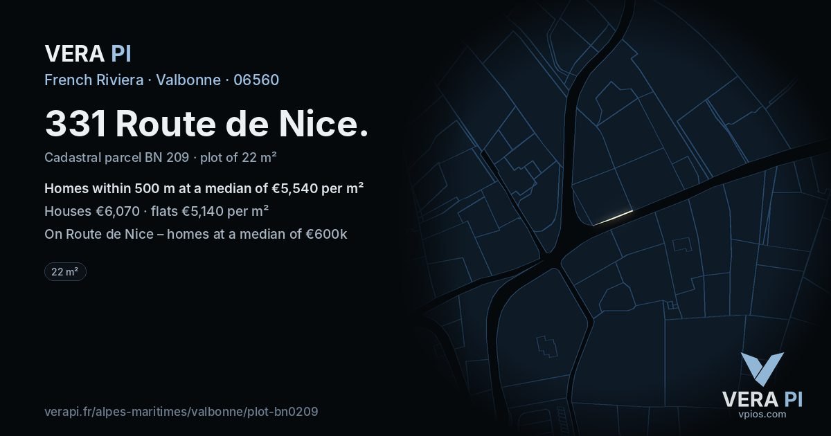 331 Route de Nice, Valbonne at night – the plot lit, the parcels around coloured by the prices near them