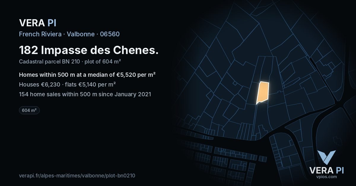 182 Impasse des Chenes, Valbonne at night – the plot lit, the parcels around coloured by the prices near them