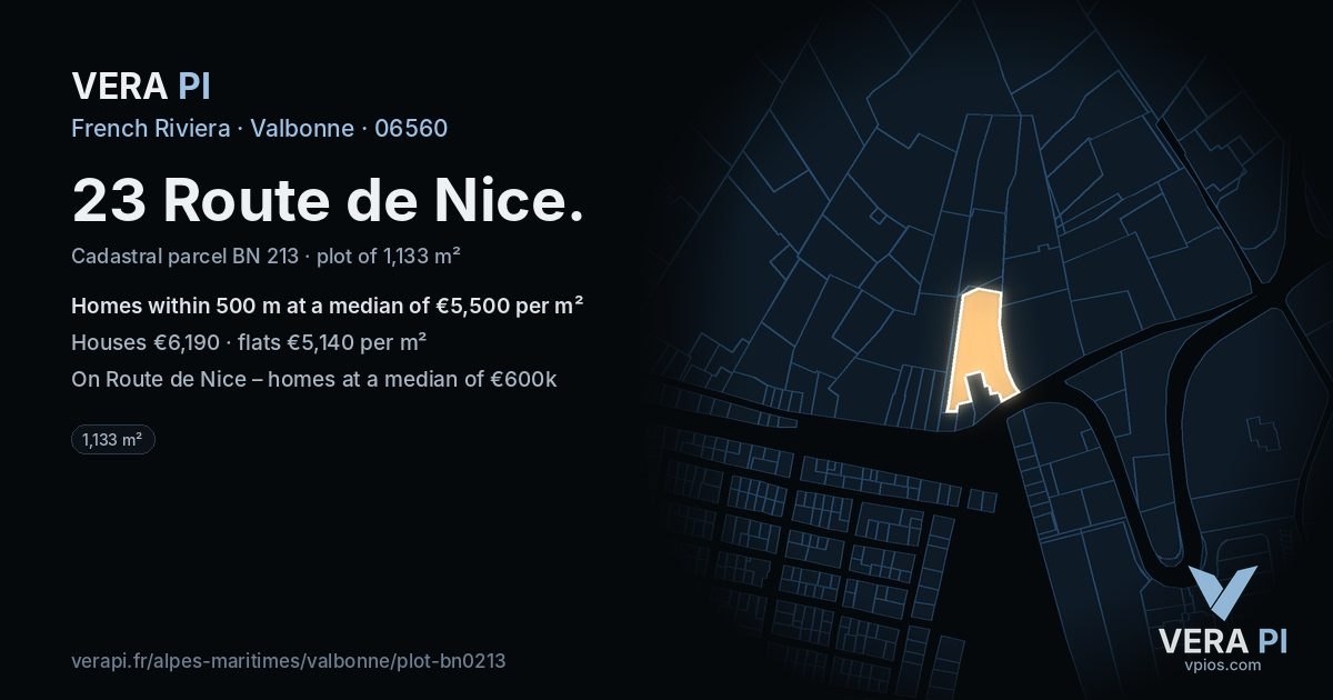 23 Route de Nice, Valbonne at night – the plot lit, the parcels around coloured by the prices near them