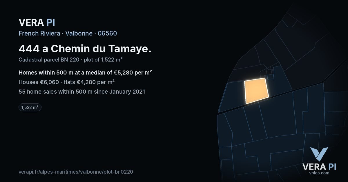 444 a Chemin du Tamaye, Valbonne at night – the plot lit, the parcels around coloured by the prices near them