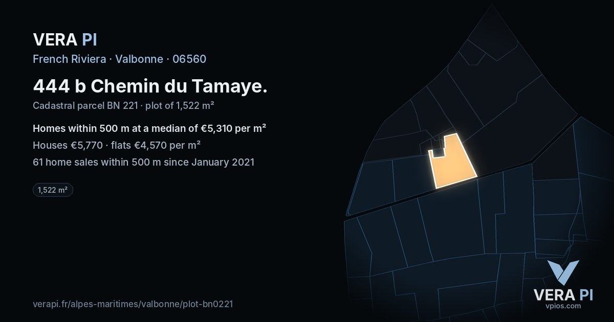 444 b Chemin du Tamaye, Valbonne at night – the plot lit, the parcels around coloured by the prices near them