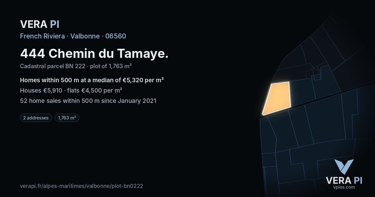 444 Chemin du Tamaye, Valbonne at night – the plot lit, the parcels around coloured by the prices near them