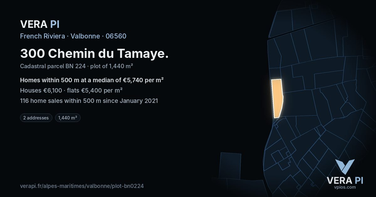 300 Chemin du Tamaye, Valbonne at night – the plot lit, the parcels around coloured by the prices near them