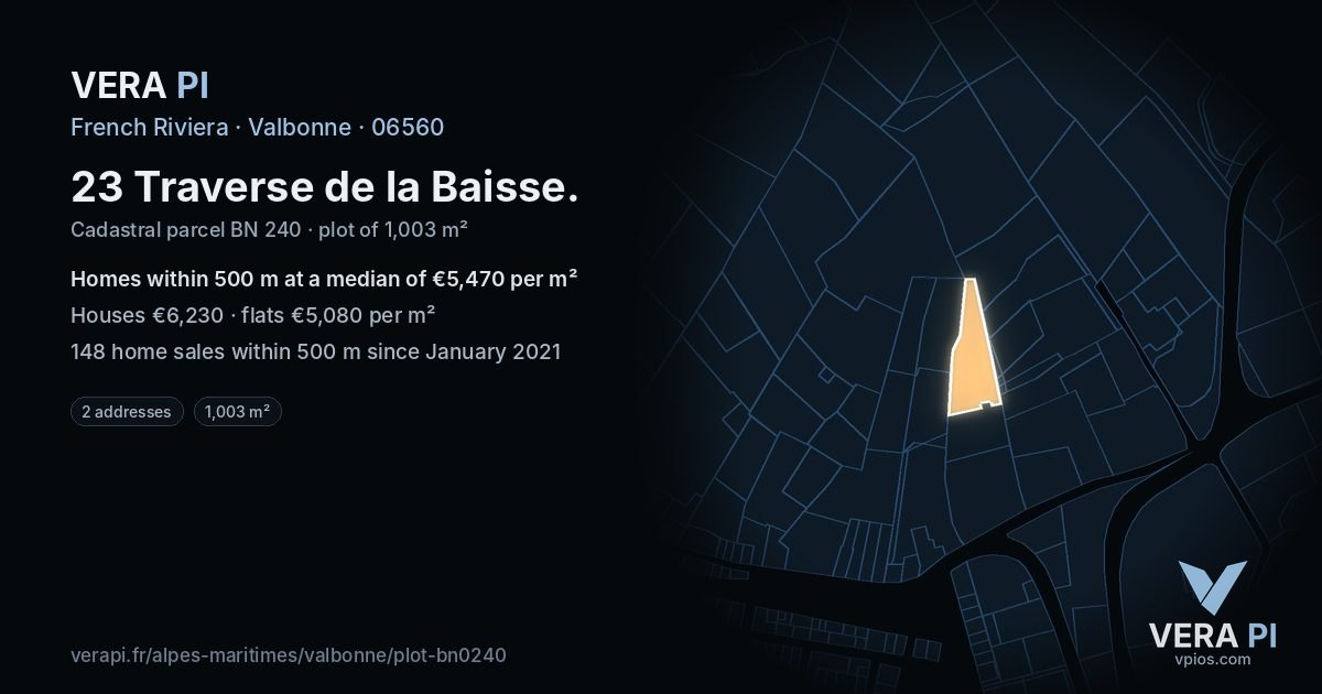 23 Traverse de la Baisse, Valbonne at night – the plot lit, the parcels around coloured by the prices near them
