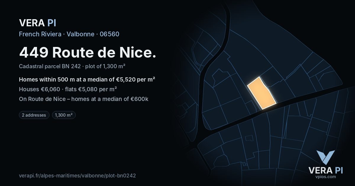 449 Route de Nice, Valbonne at night – the plot lit, the parcels around coloured by the prices near them