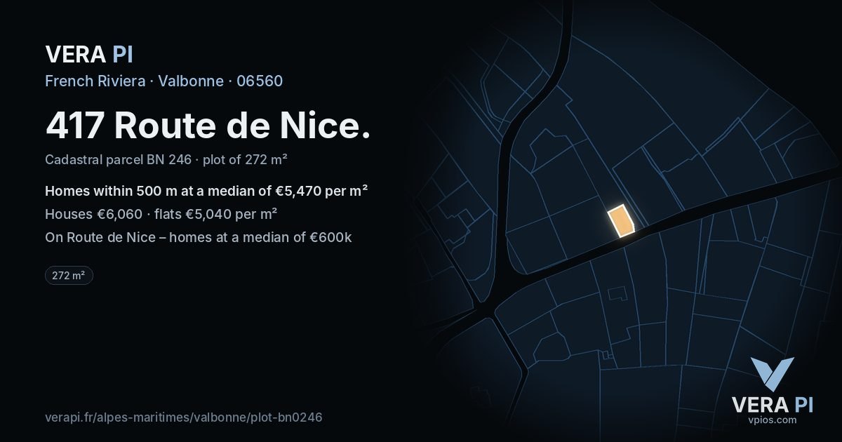 417 Route de Nice, Valbonne at night – the plot lit, the parcels around coloured by the prices near them
