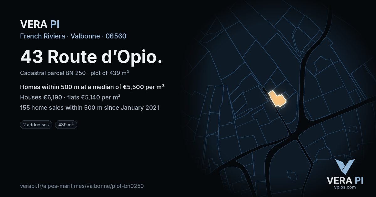 43 Route d’Opio, Valbonne at night – the plot lit, the parcels around coloured by the prices near them