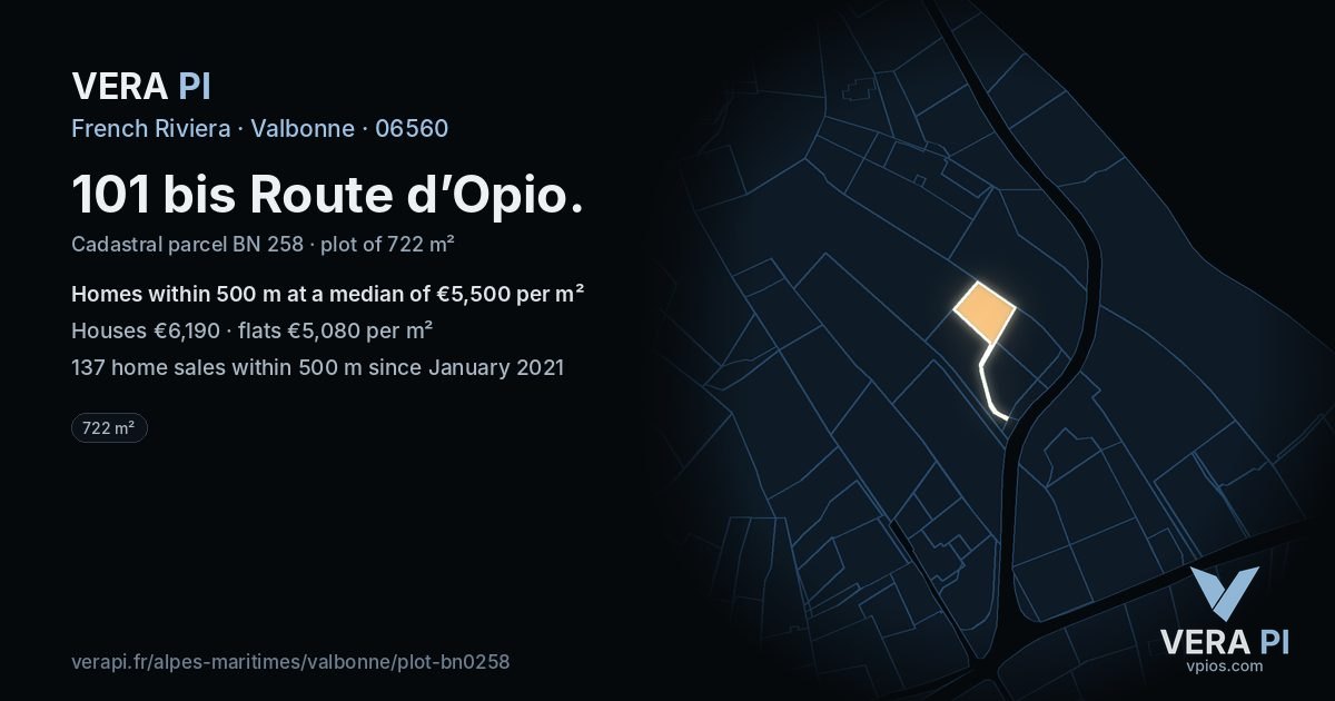 101 bis Route d’Opio, Valbonne at night – the plot lit, the parcels around coloured by the prices near them