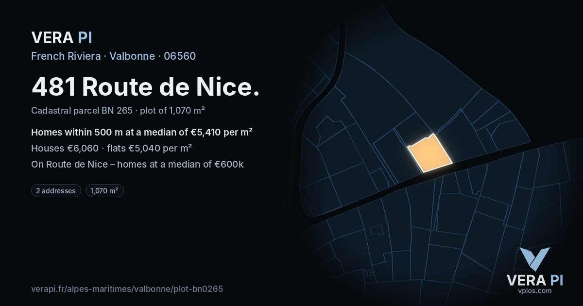 481 Route de Nice, Valbonne at night – the plot lit, the parcels around coloured by the prices near them