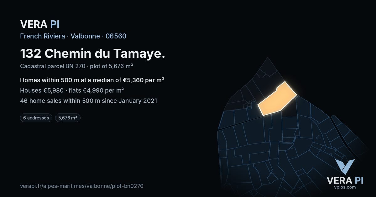 132 Chemin du Tamaye, Valbonne at night – the plot lit, the parcels around coloured by the prices near them