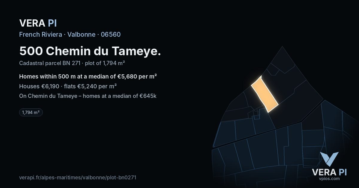 500 Chemin du Tameye, Valbonne at night – the plot lit, the parcels around coloured by the prices near them