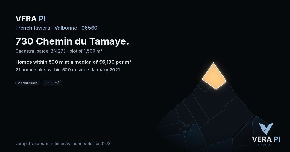 730 Chemin du Tamaye, Valbonne at night – the plot lit, the parcels around coloured by the prices near them